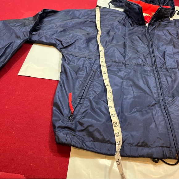 LL Bean BLUE NYLON red Rain Wind Jacket Full Zip COAT Hood vented Windbreaker Lg - Picture 10 of 16